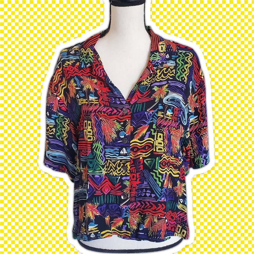 Vintage 90s Shelly & Arnold Abstract Tropical Beach Rayon Vibrant Neon Blouse  M